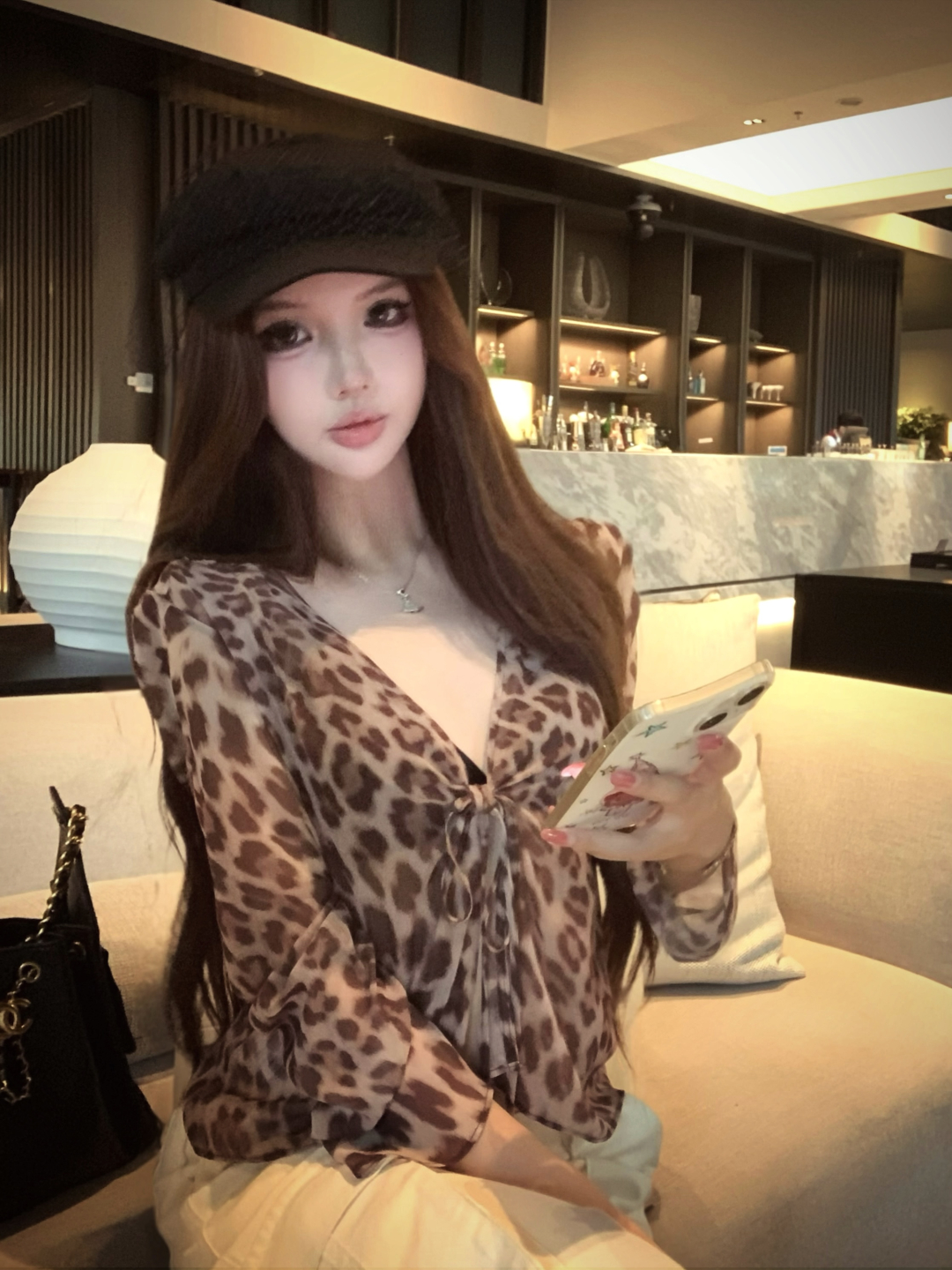 실사 정가 자정 바 플러그 Romantik 작은 셔츠 마이크로 ~을 통해 블라우스 자외선 차단 레오파드 무늬 셔츠 V넥 맨위