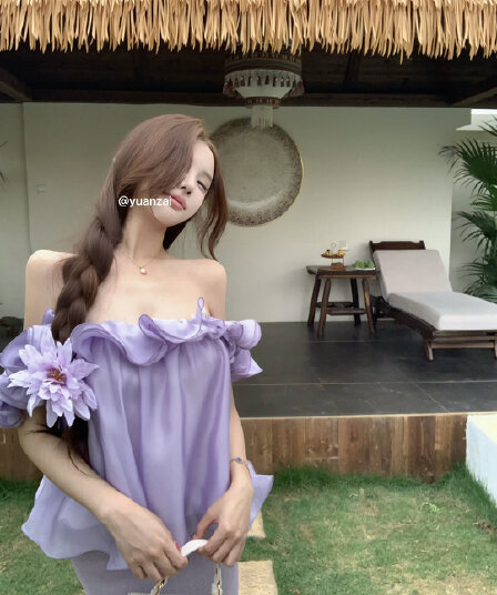 실사 정가 여름 편지 보라색 프릴 시폰 셔츠 여성 봄 미니멀리즘 루즈핏 슬림해 보이는 오프숄더 맨위