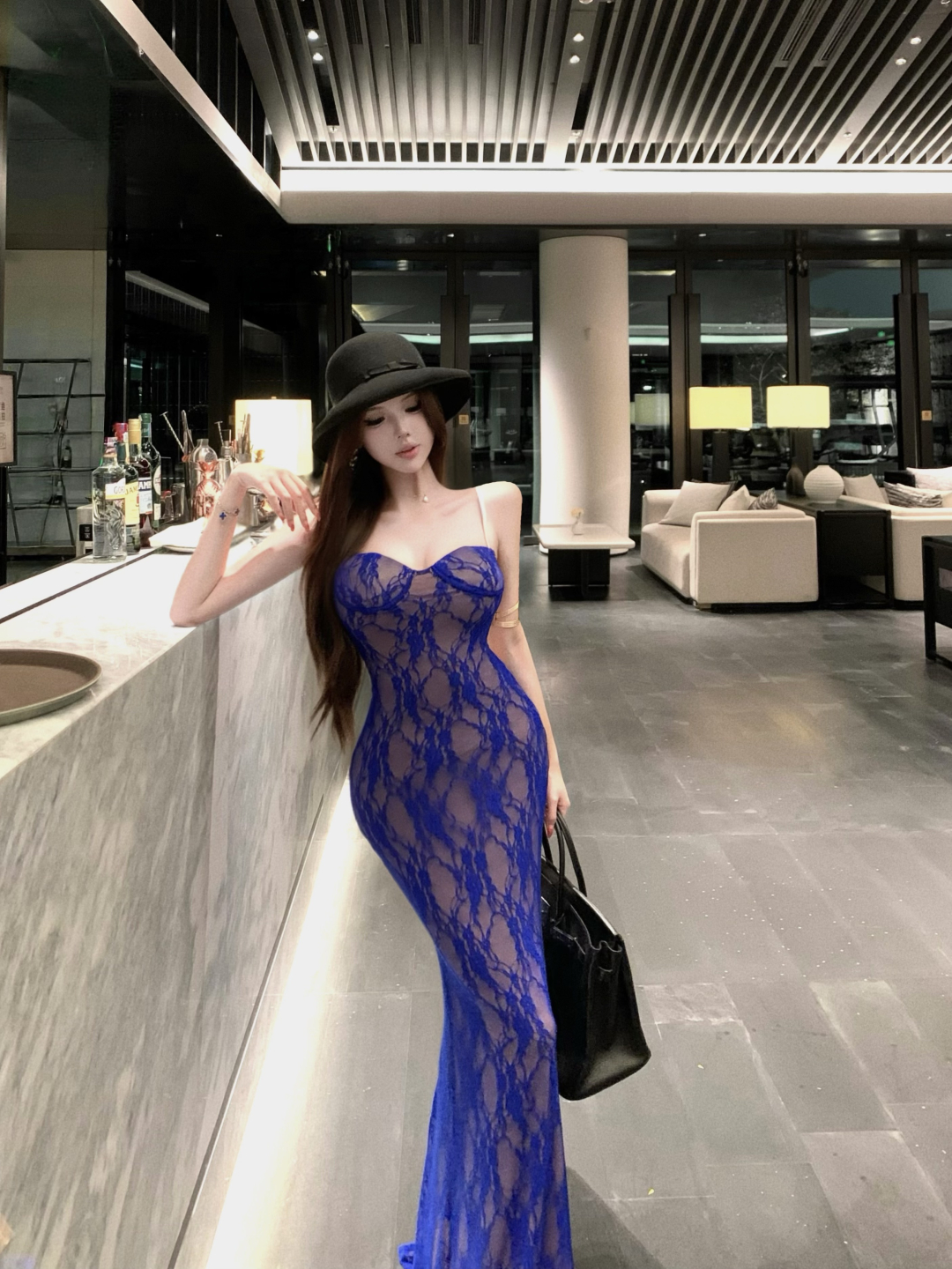 실사 정가 로얄 블루 휴가 바람 여성 드레스 몸매 가꾸기 슬립 백리스 인어 꼬리 타이트 스커트 생일 예복 롱 스커트