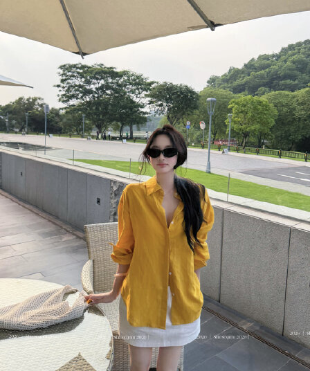 실사 정가 주간 실크 아마 자외선 차단 긴팔 여성 셔츠 라미 반신 스커트 여성 봄 여름 다용도 A라인 스커트