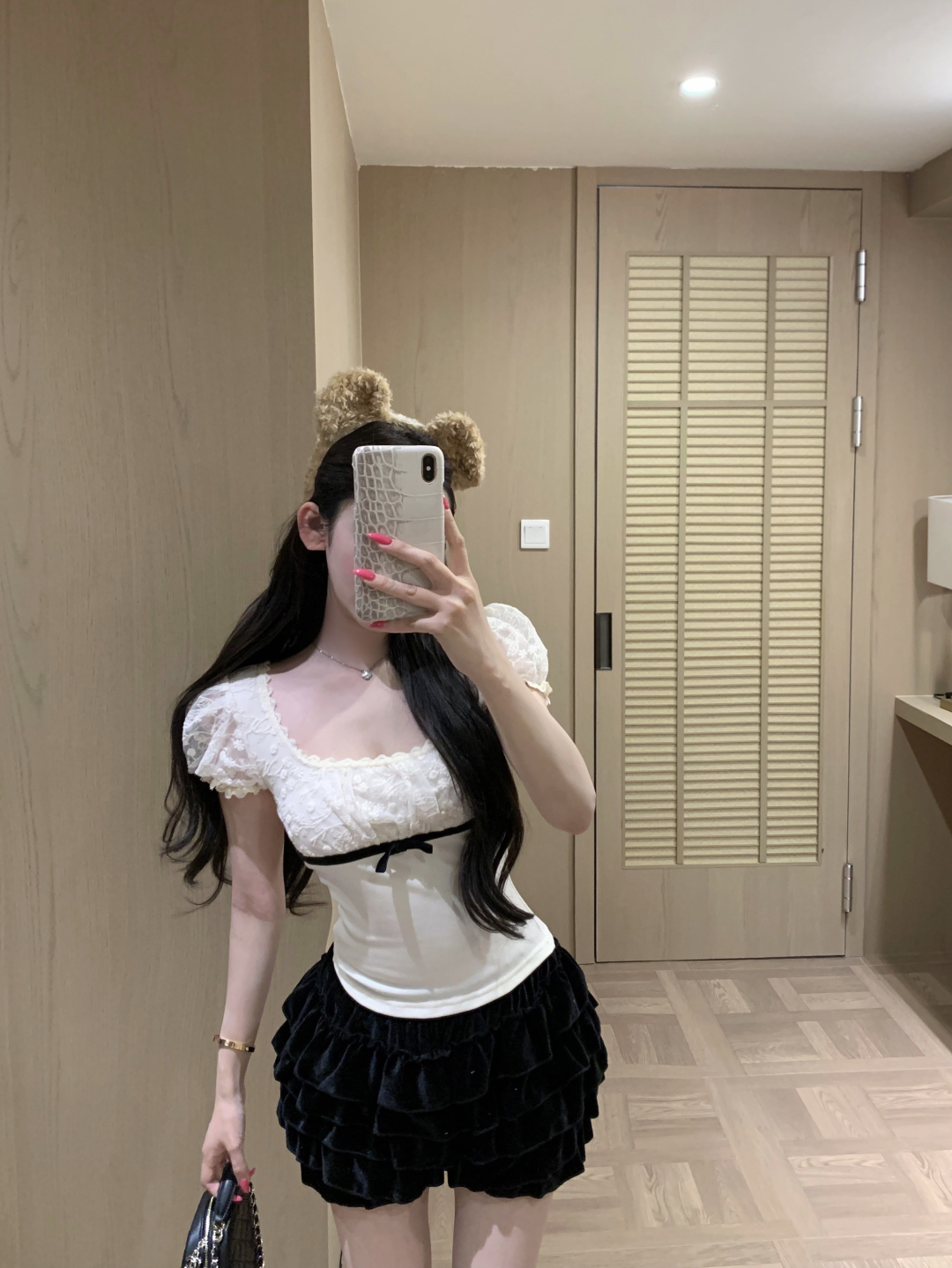 실사 정가 하고 싶은 대로 하게 하다 작은 miu 살구 색상 광장 칼라 레이스 버블 반팔 티셔츠 여성 봄 여름 한 부서 몸매 가꾸기 맨위