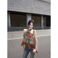 实拍实价千禧豹纹三色晕染系带挂脖印花小衫女高质感短款无袖上衣