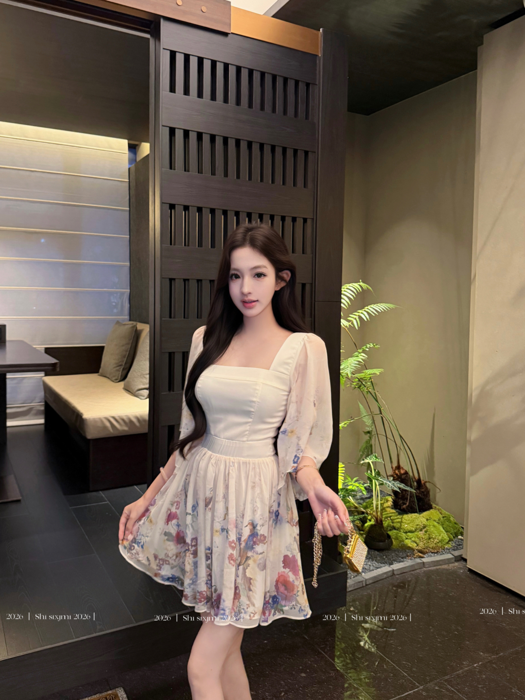 실사 정가 绯 꽃 일몰 7부 소매 광장 칼라 드레스 아이들 원 웨이 품격 미니 스커트