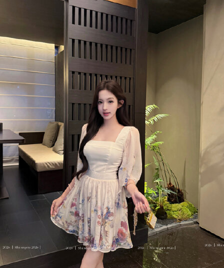 실사 정가 绯 꽃 일몰 7부 소매 광장 칼라 드레스 아이들 원 웨이 품격 미니 스커트