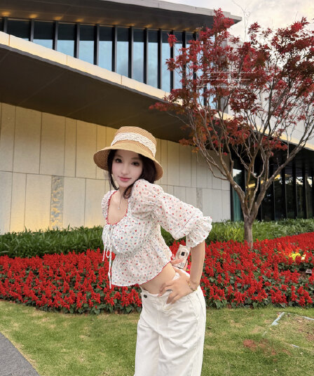 실사 정가 꽃무늬 광장 칼라 반소매 작은 셔츠 여성 여름 프릴 6 점 거품 소매 맨위