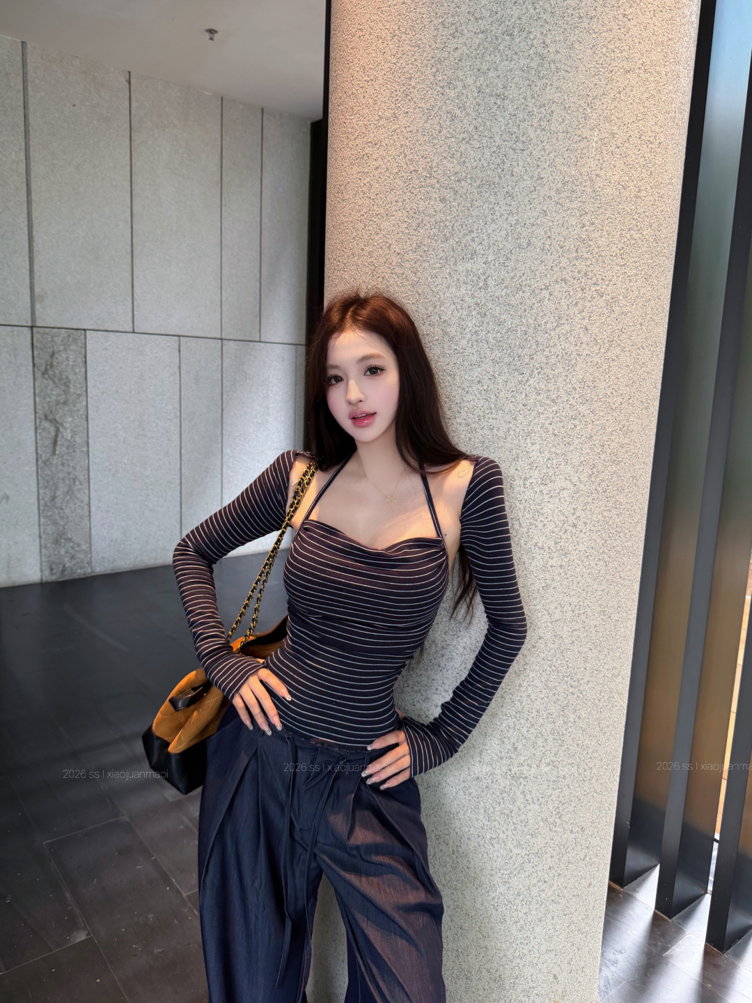 실사 정가 블루스 라인 스펙트럼 블루 화이트 스트라이프 어깨 오픈 가디건 슬립 두 조각 여성 세트 봄 여름 맨위
