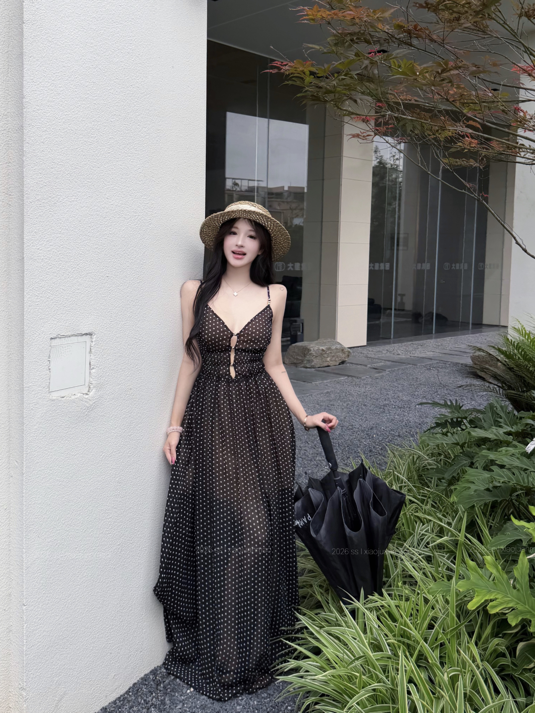 실사 정가 한여름 밤 프랑스식 도트 무늬 망사 홀로우 아웃 슬립 여성 드레스 봄 여름 허리 수축 롱 스커트
