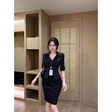 批发实拍实价 黑色条纹v领五分袖衬衫+黑色高腰包臀半身裙女弹力修身
