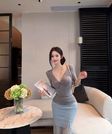 실사 정가 6 색상 비틀림 V넥 중간 소매 순수한 욕망 몸매 가꾸기 맨위 순수한 욕망 망사 레이스 조각 반신 스커트