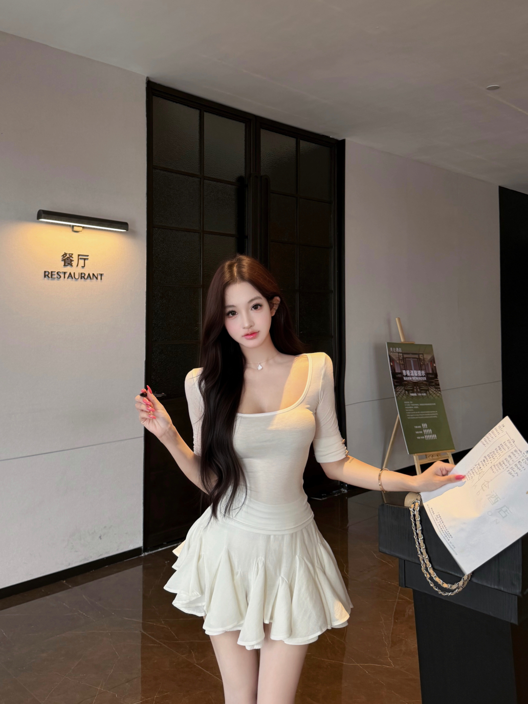 실사 정가 관대 한 칼라 중간 소매 몸매 가꾸기 티셔츠 불규칙 화이트 반신 퍼프 미니 스커트 세트