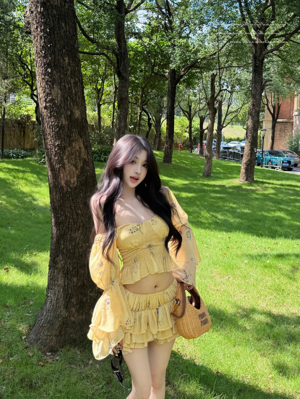 실사 정가 지점 자르다 당겨서 소녀 황색 꽃무늬 프릴 맨위 케이크 미니 스커트 세트 여성
