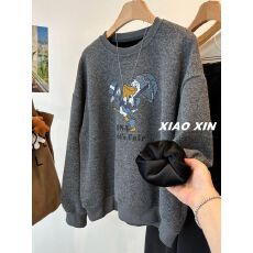 批发德绒复合超柔 雨伞卡通<b class='q'>印花</b>加绒圆领套头卫衣女秋冬保暖绒衫