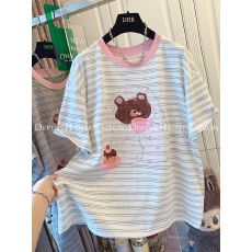 批发原版面料<b class='q'>大码</b>300斤超好看减龄小熊条纹短袖T恤<b class='q'>打底衫</b>宽松上衣女夏