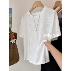 批发原版面料(索罗娜领)大码300斤韩系刺绣<b class='q'>花朵</b>网纱镂空短袖<b class='q'>T</b><b class='q'>恤</b>女上衣