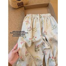 批发广州面料大码300斤松弛感印花<b class='q'>亚麻</b>裤女爆夏季高腰松紧宽松阔腿裤