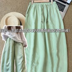 批发广州面料大码300斤薄荷曼波绿色<b class='q'>亚麻</b>裤子女韩系松弛感百搭阔腿裤