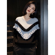 批发气质<b class='q'>荷叶边</b>窄V领针织衫撞色拼接设计感潮流小众宽松洋气长袖<b class='q'>毛衣</b>