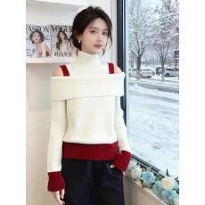 批发2025秋冬新款撞色小众针织衫女高领露肩设计感<b class='q'>大码</b>气质毛衣<b class='q'>打底衫</b>