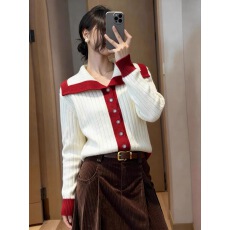 批发白色拼接撞色翻领针织衫女款秋冬巨好看韩系上衣宽松慵懒毛衣外套