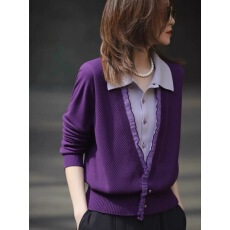 批发假两件拼接衬衫领针织衫女2025秋新款法式巨好看的木耳边长袖上衣