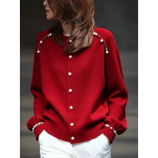 批发红色毛衣开衫<b class='q'>女士</b>秋冬慵懒高级感减龄修身显瘦重工钉珠<b class='q'>针织衫</b>上衣