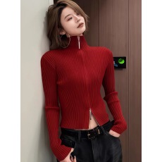 批发红色双拉链高领长袖<b class='q'>针织</b>衫女2025新款秋冬洋气显瘦<b class='q'>开衫</b>内搭短上衣