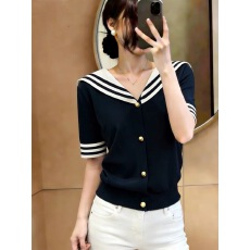 批发藏青色学院风海军领短袖针织衫女2026夏季新款洋气减龄开衫上衣服