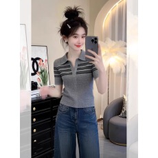 批发设计感polo领灰色<b class='q'>条纹</b>翻领短袖t恤女2026新款设计独特漂亮夏穿搭