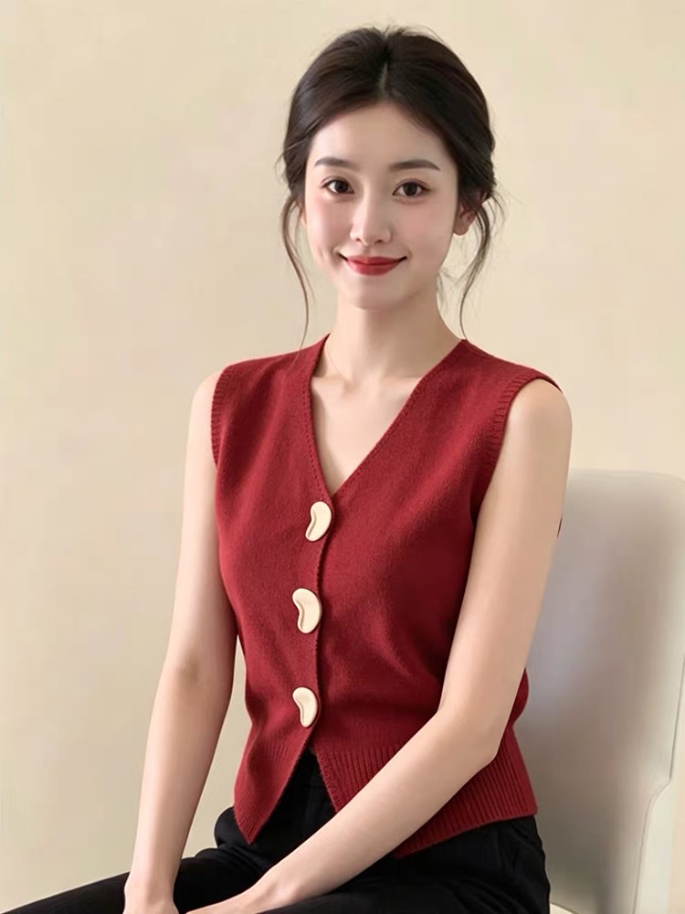 프랑스식 오래된 돈 바람 V넥 단추 오픈 가디건 빨간색 니트 스웨터 조끼 여자 2026 여름 고급 센스 외국 가스 맨위