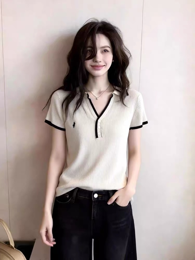 프랑스식 고유 한 순수한 욕망 뒤집다 V넥 니트 반팔 티셔츠 여성 디자인 센스 작은 대중 여름 아름다운 몸매 가꾸기 긍정적 인 어깨 의류