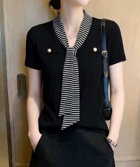 한국 스타일 페이크 레이어드 디자인 센스 검정색 스트라이프 리본 반팔 티셔츠 여성 슬림해 보이는 다용도 출퇴근 품격 맨위 트렌디
