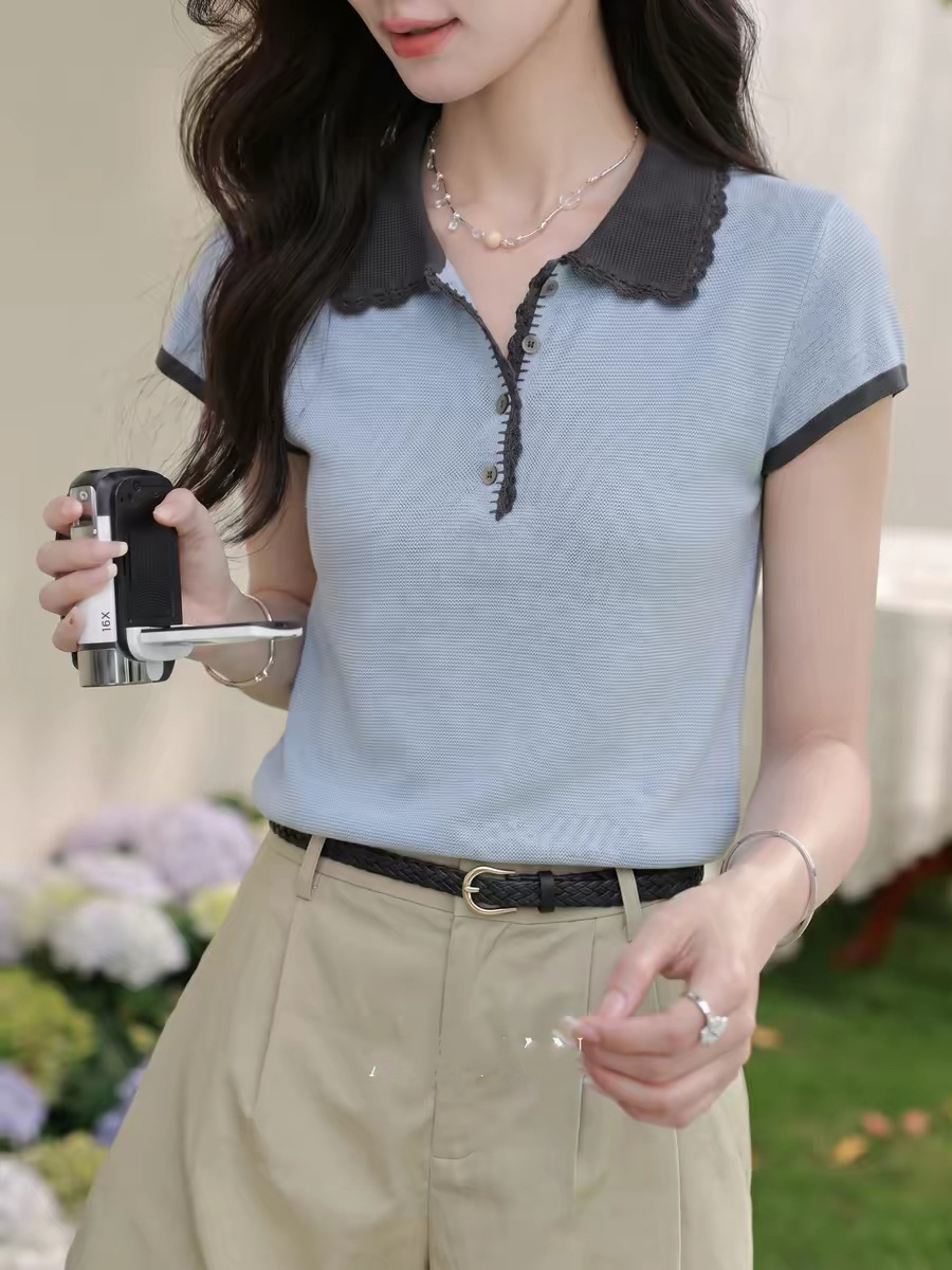 파란색 POLO 칼라 반팔 니트 스웨터 티셔츠 여성 여름 품격 몸매 가꾸기 맨위