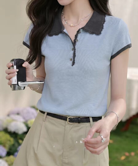 파란색 POLO 칼라 반팔 니트 스웨터 티셔츠 여성 여름 품격 몸매 가꾸기 맨위