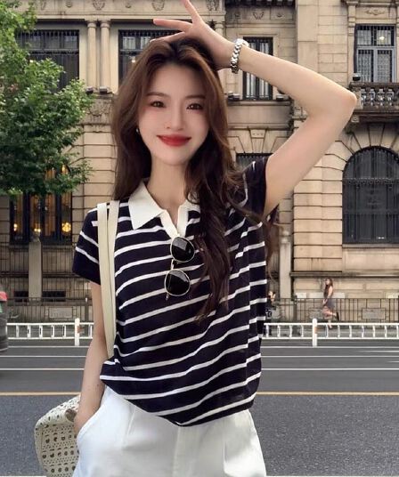 오래된 돈 바람 착용 가져 가라. 스트라이프 긍정적 인 어깨 반팔 티셔츠 여성 여름 얇은 스타일 POLO 셔츠 고유 한 아름다운 그레이트 봐. 의류