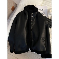 批发爆款黑色简约宽松立领<b class='q'>皮毛</b><b class='q'>一体</b>外套女2025冬季新款夹克机车服