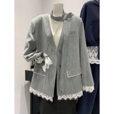 批发小香风春季2025新款设计感气质小西服上衣下摆<b class='q'>蕾丝</b>拼接西装外套女