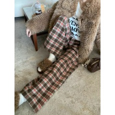 批发羊毛呢美式复古格纹呢子阔腿休闲裤女秋冬季慵懒风