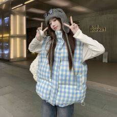 批发胖mm大码羽绒棉服马甲女<b class='q'>秋</b>冬新款韩版格子宽松百搭马夹背心外套潮
