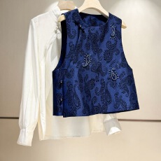 批发2026春季潮款国风<b class='q'>印花</b>斜襟马夹高档感新中式时髦时髦休闲文艺马甲