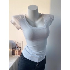 批发<b class='q'>白色</b>正肩短袖T恤女夏修身薄款U领掐腰好身材立显纯欲风大领口上衣