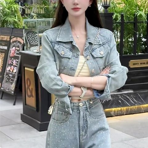 2026 패션 레트로 세트 외국 가스 쇼트 스타일 데님 재킷 가을 겨울 새로운 하이웨이스트 새로운 와이드 레그 팬츠 투피스 세트