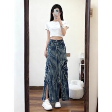 批发水洗扎染<b class='q'>牛仔</b>2026美式重工半身裙女宽松大口袋拉链装饰包臀长裙子