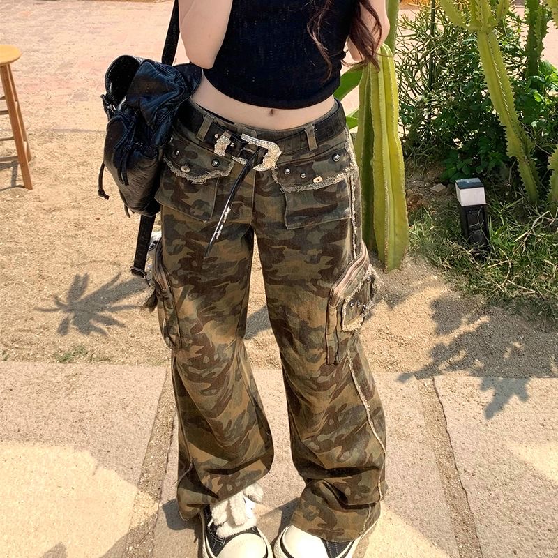 여름 새로운 아메리칸 레트로 카모플라주 색상 워크웨어 청바지 여성 하이웨이스트 슬림해 보이는 주머니 디자인 넓은 다리 스트레이트 팬츠