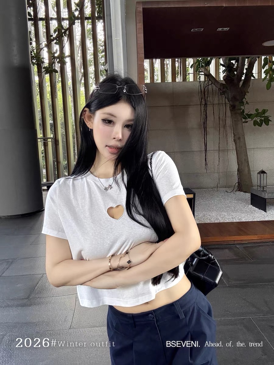 안개 센스 눈꽃 tee 통기성 질감 면 하트 홀로우 아웃 자수 라운드 넥 마이크로 루즈핏 긍정적 인 어깨 반팔 맨위