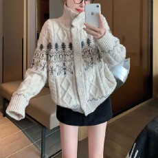 批发韩国慵懒风提花翻领毛衣外套女秋<b class='q'>冬</b>加厚外穿宽松长袖针织开衫