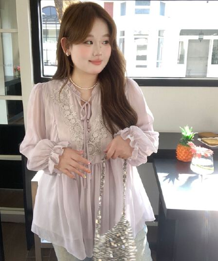 빅 사이즈 여성 의류 지방 mm 프랑스식 쉬폰 부드러운 바람 프릴 레이스 업 셔츠 여름 새로운 캐주얼 슬림해 보이는 맨위