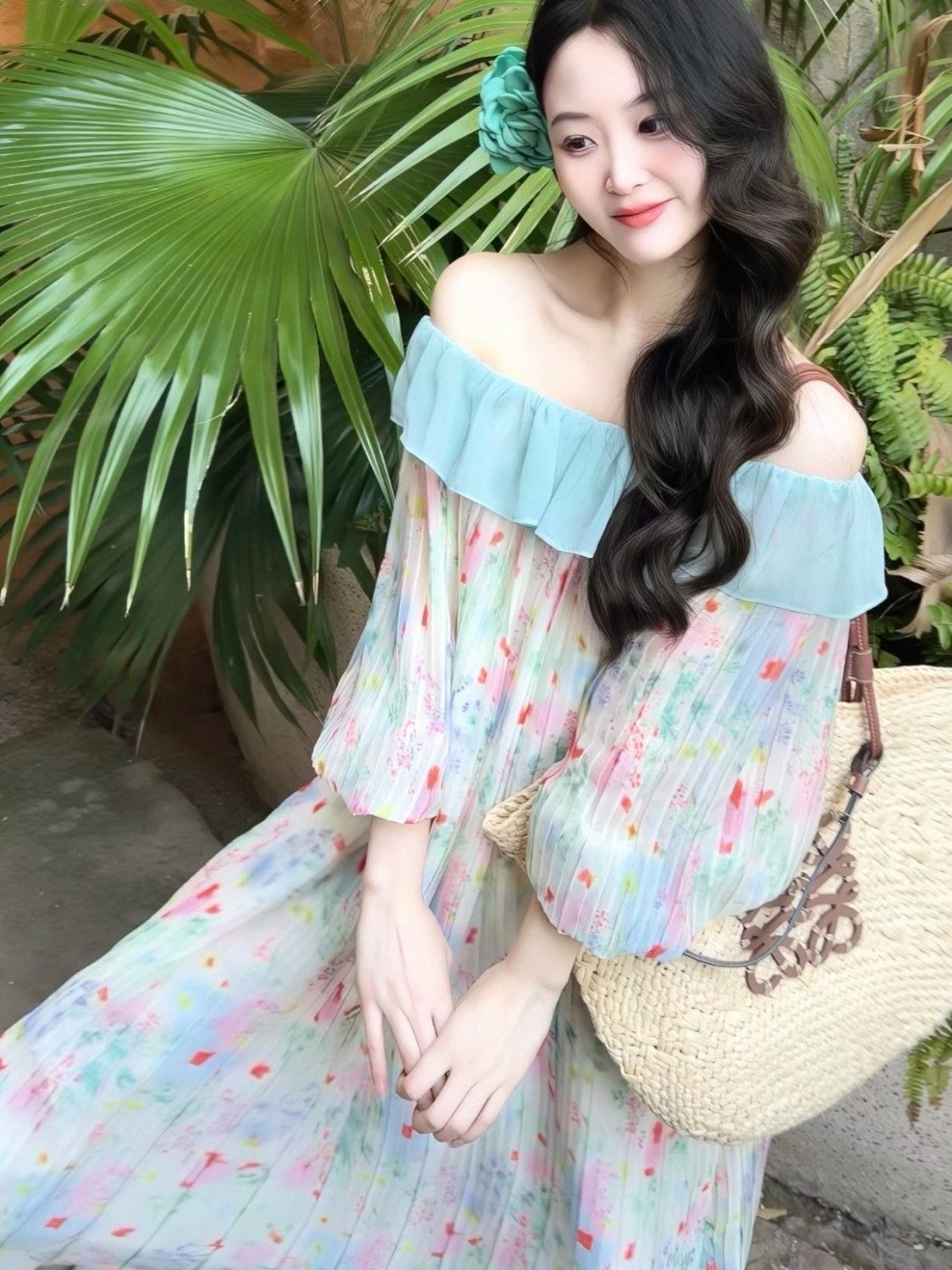 빅 사이즈 여성 의류 지방 mm 프랑스식 박하 녹색 주름 프릴 루즈핏 드레스 여름 꽃무늬 휴가 길다 치마