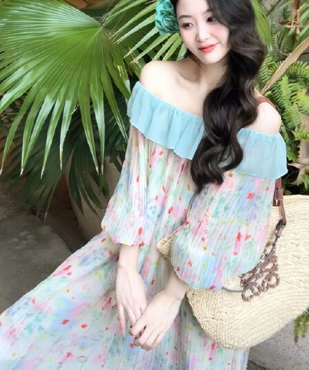 빅 사이즈 여성 의류 지방 mm 프랑스식 박하 녹색 주름 프릴 루즈핏 드레스 여름 꽃무늬 휴가 길다 치마