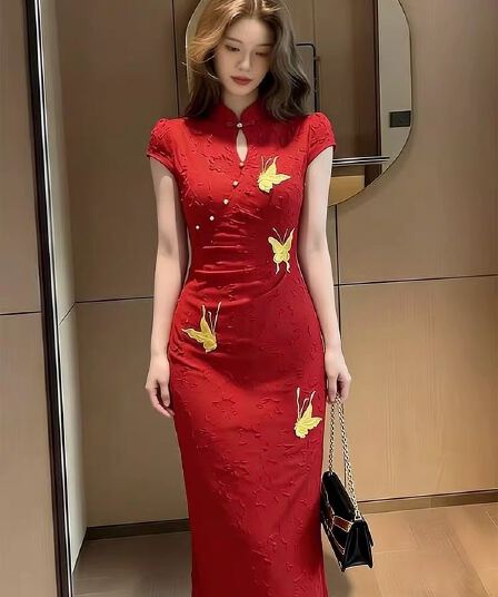 여름 새로운 중식 스탠드 칼라 반팔 나비 자수 허리 수축 빨간색 롱 코트 드레스 위엄있는 우아함 품격 여성 의류