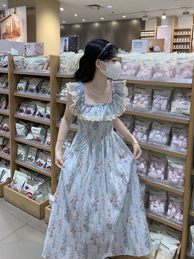 무거운 작업 자수 광장 칼라 꽃무늬 여성 드레스 여름 프랑스식 전원 바람 허리 수축 디자인 센스 한 마디 차 휴식 치마